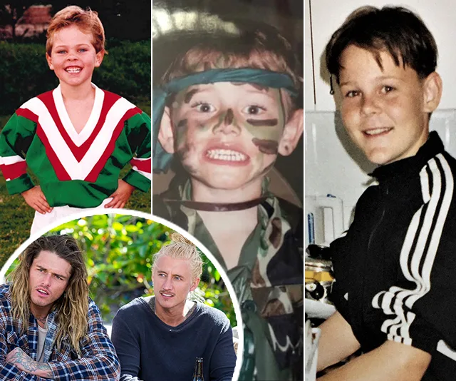Childhood photos of three boys, including a young boy in sports attire, a boy with camo face paint, and a boy in a tracksuit.