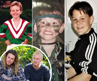 Childhood photos of three boys, including a young boy in sports attire, a boy with camo face paint, and a boy in a tracksuit.