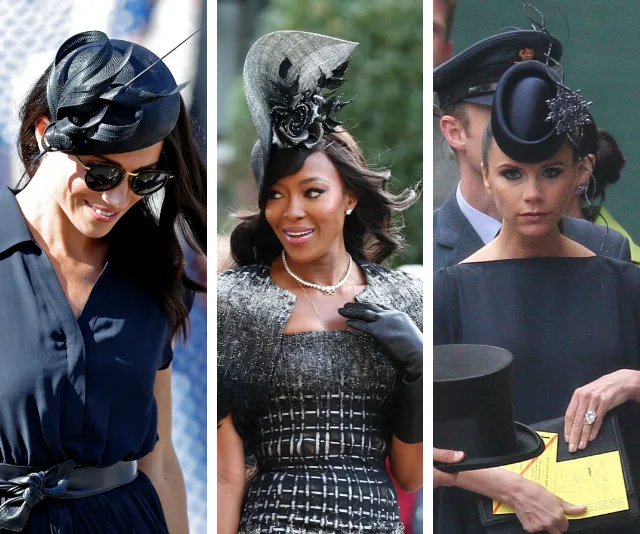 Three women in elegant black outfits and hats at a formal event.