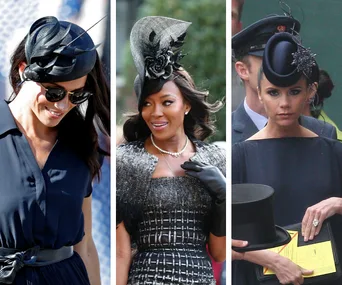 Three women in elegant black outfits and hats at a formal event.