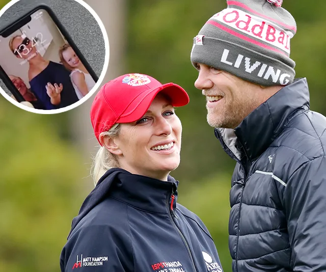 A couple smiling outdoors, inset shows a phone with a family photo as the screensaver.