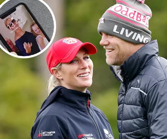 A couple smiling outdoors, inset shows a phone with a family photo as the screensaver.
