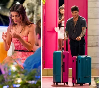 Two people: One seated looking down, the other leaving with suitcases near a pink door.