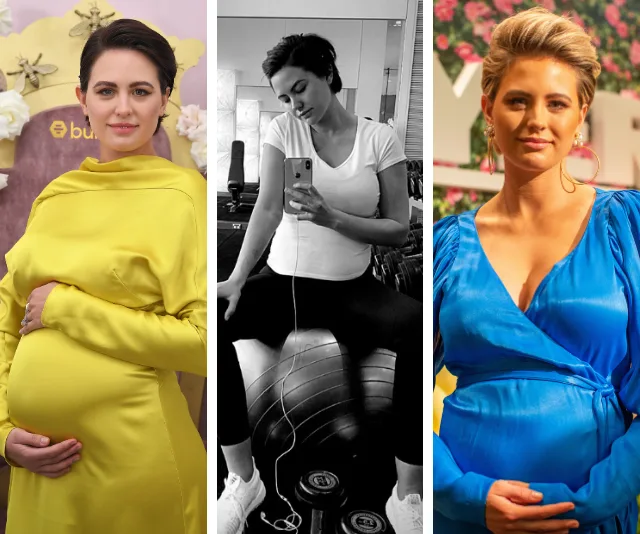Three images of a woman showcasing a baby bump, wearing different outfits: yellow dress, gym attire, and blue dress.