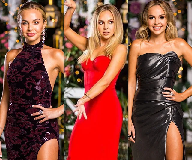 Angie Kent in three elegant dresses: velvet, red, and shiny black, from "The Bachelorette."