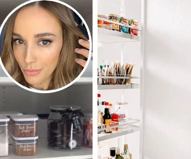 Pantry with organized shelves, jars, and cans; inset shows a woman's face with long hair and makeup.