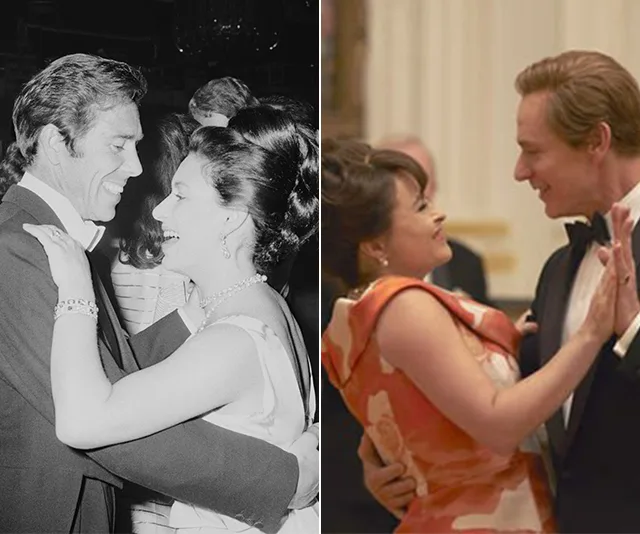 "Side-by-side images of a couple dancing: a historical black-and-white photo and a color film reenactment."