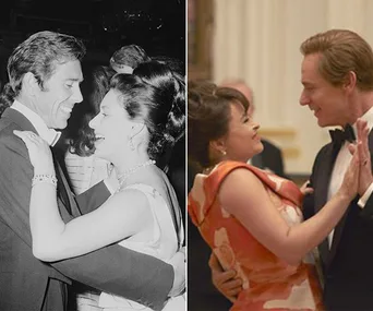 "Side-by-side images of a couple dancing: a historical black-and-white photo and a color film reenactment."