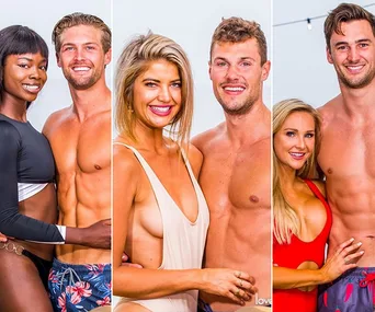 Couples from Love Island Australia 2019 standing together in beachwear, smiling at the camera.