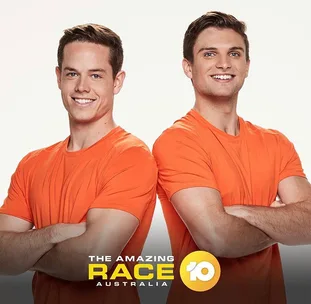 Two men in orange shirts with arms crossed, smiling; logo reads "The Amazing Race Australia 10."