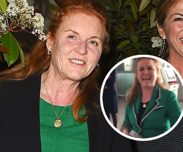 Two women smiling, one with red hair in a green outfit and black jacket. Inset shows her laughing in a similar outfit.