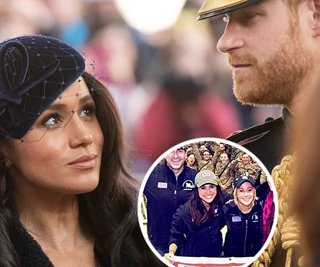 Meghan Markle in formal attire beside a uniformed soldier; inset shows her posing with army personnel.
