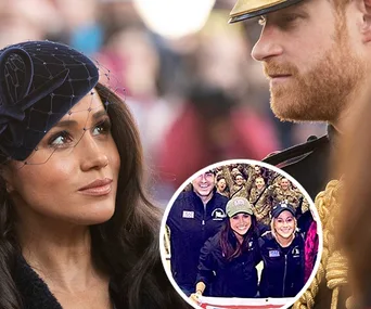 Meghan Markle in formal attire beside a uniformed soldier; inset shows her posing with army personnel.