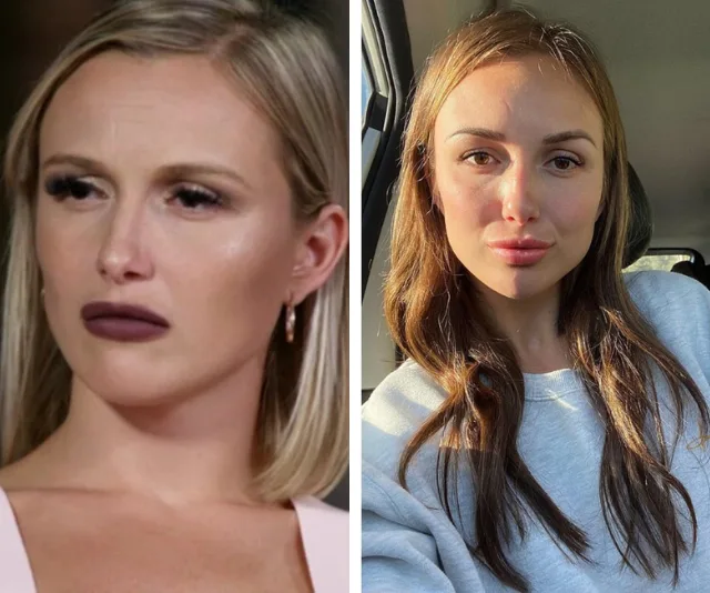 "Two side-by-side photos of a woman, first with blonde hair, second with long brunette hair in casual attire."