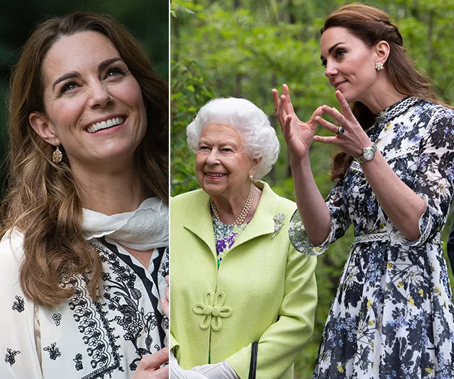 Kate Middleton smiling, standing with an elderly woman in a green coat, and gesturing animatedly in a floral dress outdoors.