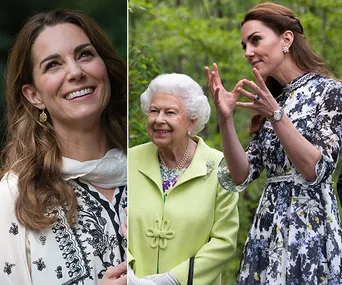 Kate Middleton smiling, standing with an elderly woman in a green coat, and gesturing animatedly in a floral dress outdoors.