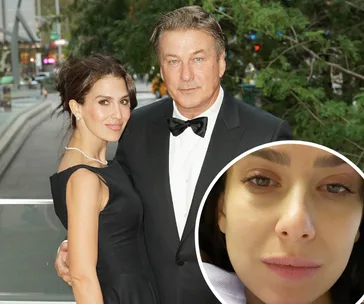Couple in formal attire pose outdoors; inset shows close-up of woman’s face.