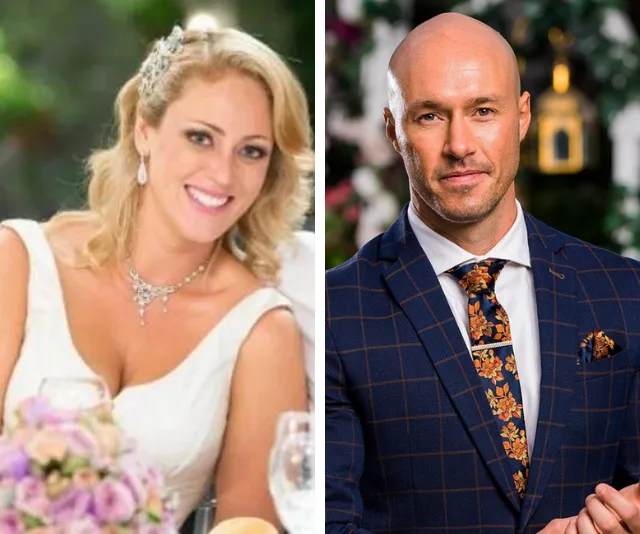 "Woman in bridal attire smiling; man in a checkered suit with a floral tie, both in formal settings."