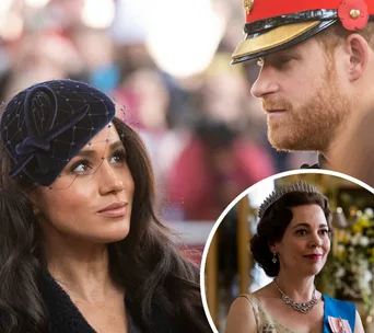 Prince in uniform gazes at woman in dark hat; inset shows woman in tiara, elegant attire.