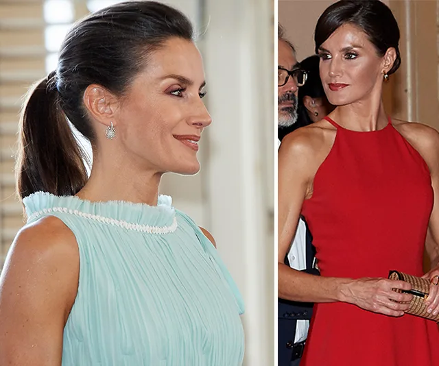 Queen Letizia in a pleated light blue dress and a red gown during her Cuba tour.