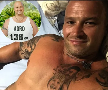 Shirtless man with tattoos lying down, inset shows him heavier in a tank top labeled "ADRO 136 KG."