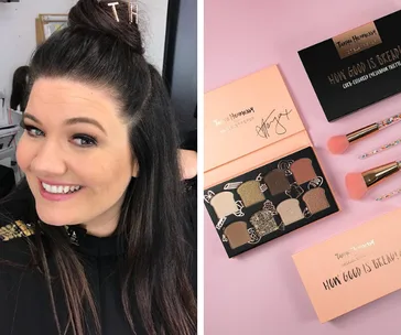 Tanya Hennessy smiling; her makeup collaboration palette and brushes displayed beside her.