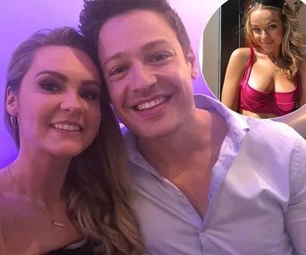 A couple takes a selfie, inset shows a woman in a pink top smiling.