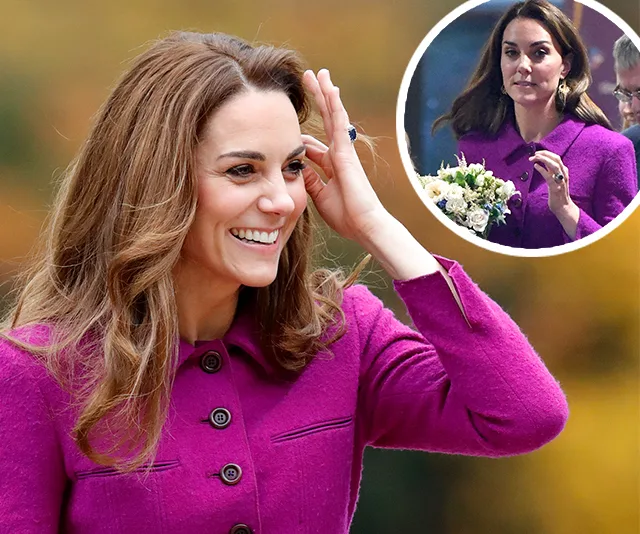 Kate Middleton smiles in a vibrant magenta coat, touching her hair with a bouquet in a small inset scene.