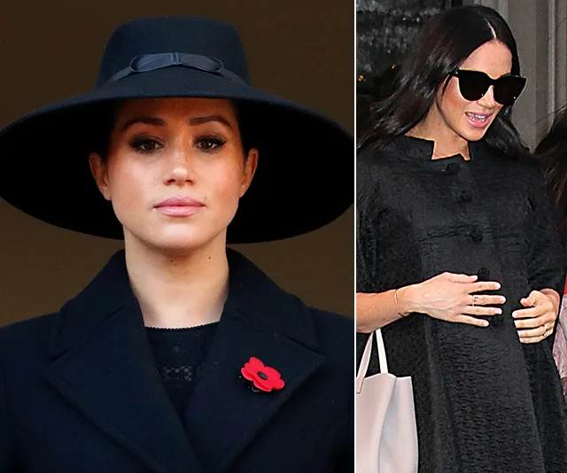 Two side-by-side photos of a woman in a black hat and coat, and in sunglasses holding her baby bump.