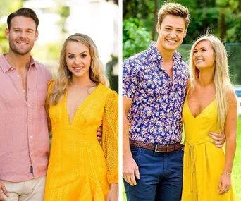 A collage of two couples smiling outdoors; women in yellow dresses, men in casual shirts.