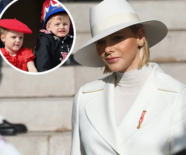 Princess in white hat and coat at Monaco National Day 2019, with inset of two children in traditional attire.