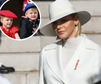 Princess in white hat and coat at Monaco National Day 2019, with inset of two children in traditional attire.