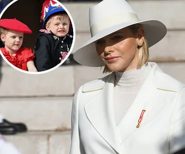 Princess in white hat and coat at Monaco National Day 2019, with inset of two children in traditional attire.