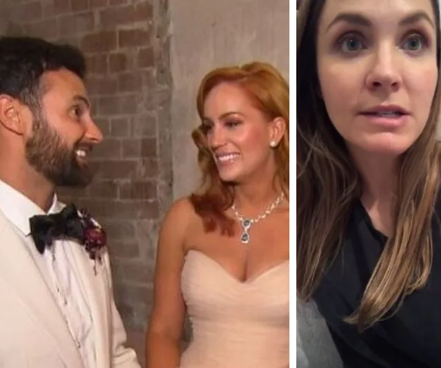 A couple smiling at each other on their wedding day next to a woman speaking on camera.