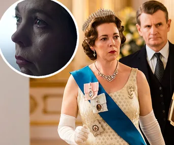 Queen in formal attire, emotional close-up inset, scene from "The Crown" episode on Aberfan disaster.