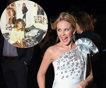 A person in a white dress at an event with an inset childhood photo showing a girl on a bed with posters on the wall.