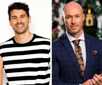 Two men side by side; one in a striped shirt, the other in a checkered suit with a floral tie.