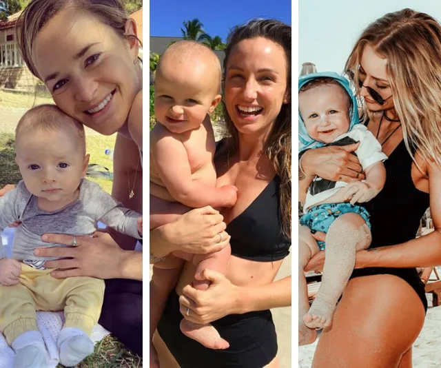 Three women holding their babies outdoors, smiling in different settings: garden, beach, and sandy area.