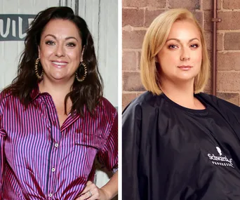 Two images side by side: on the left, a woman with dark hair in a striped shirt; on the right, same woman with short blonde hair.