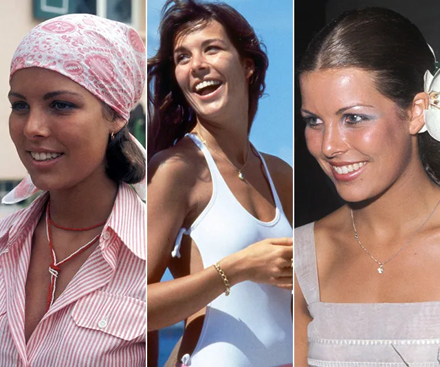 Young Princess Caroline in three different looks: casual with a headscarf, smiling in swimwear, and elegant with a flower in her hair.