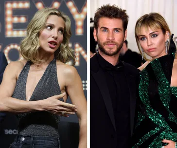 Elsa Pataky gesturing; Liam Hemsworth and Miley Cyrus posing at an event.
