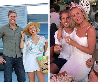 Two photos side-by-side: a man and woman posing outdoors, and a couple seated, smiling, holding drinks.