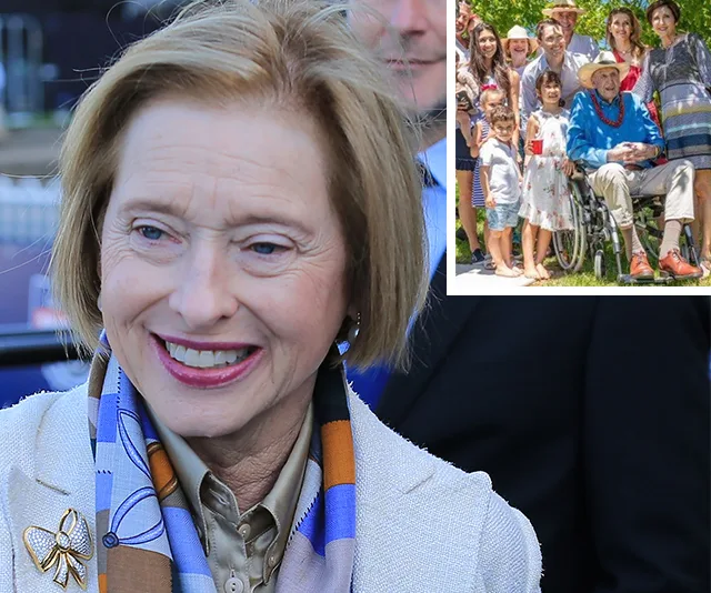 A woman smiling outdoors, wearing a scarf; a family photo inset with an elderly man in a wheelchair.