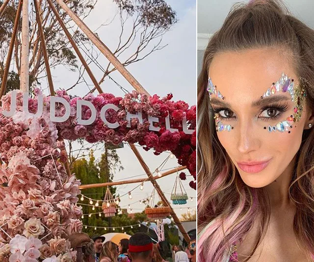 A floral arch with "JUDDCHELLA" in the background; a woman with jeweled face makeup and pink hair highlights on the right.