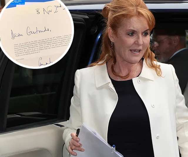 Sarah Ferguson exiting a car holding documents with an inset of a handwritten letter draft.