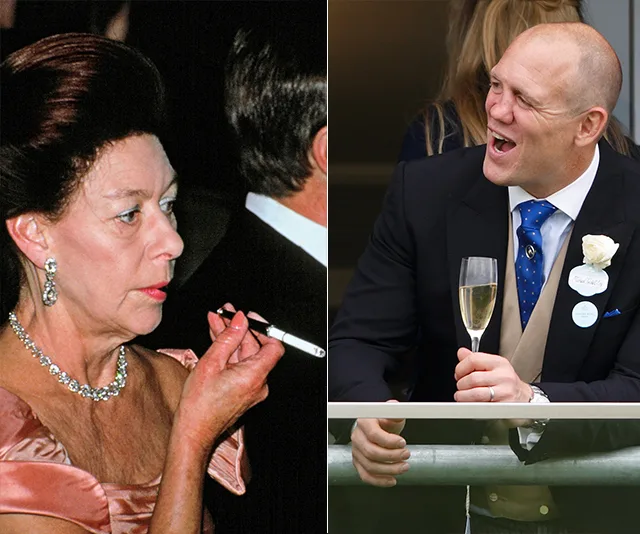 A woman with cigarette holder in formal wear, and a man laughing in a suit with champagne at an event.