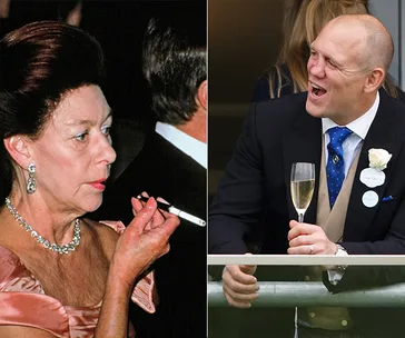 A woman with cigarette holder in formal wear, and a man laughing in a suit with champagne at an event.