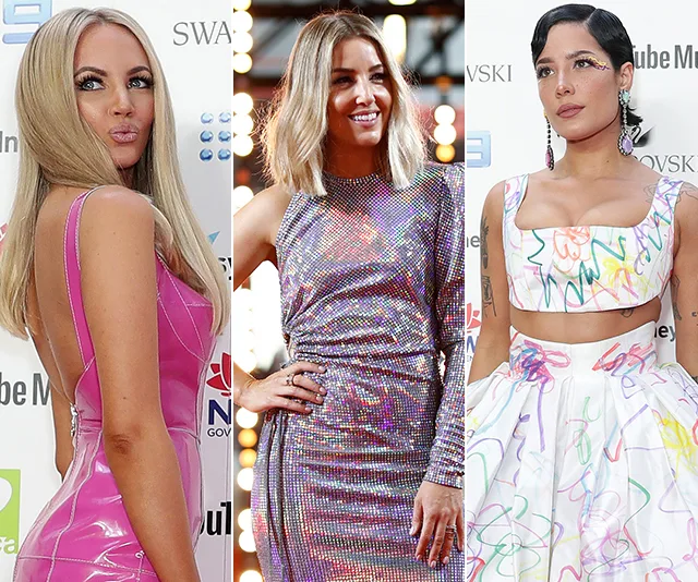 Red carpet at ARIA Awards 2019: three women in vibrant, stylish dresses posing for photos.
