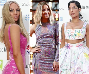 Red carpet at ARIA Awards 2019: three women in vibrant, stylish dresses posing for photos.