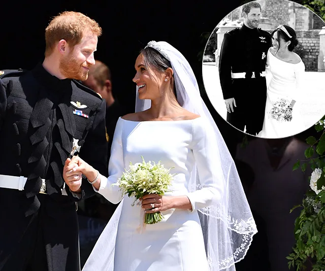 Wedding couple smiling at each other, bride in white gown, groom in formal attire, inset of their black-and-white photo.
